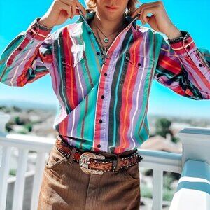Men's Western Retro Color Block Stripe Long Sleeve Shirt Size M